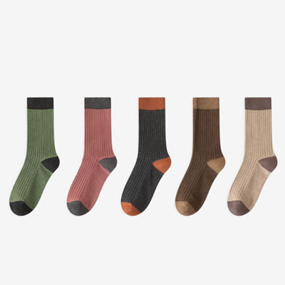 Women's Crew Socks Long Staple Cotton 5 Pairs Color Block Striped