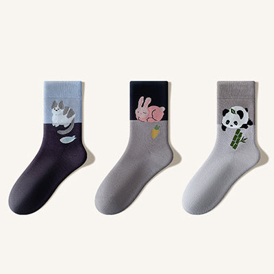 Women's Crew Socks Long Staple Cotton Thick Terry Lined 3 Pairs Cartoon Patterned Knit