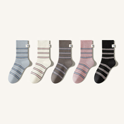 Women's Striped Cotton Crew Socks with Label Detail - 5 Pack
