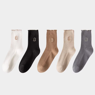 Women's Crew Socks Long Staple Cotton 5 Pairs Ruffled Embroidery