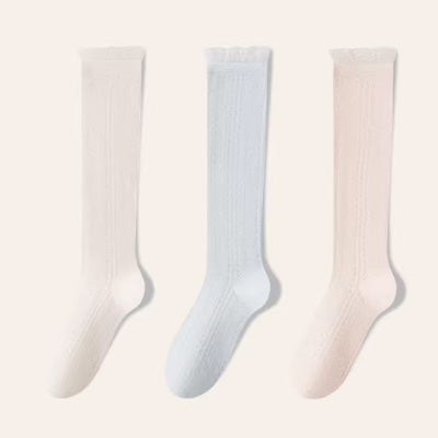 Women's Calf Socks Long Staple Cotton 3 Pairs Lace Ruffle Solid Color