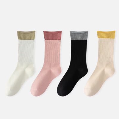 Women's Crew Socks Long Staple Cotton 4 Pairs Double-Layer Cuff