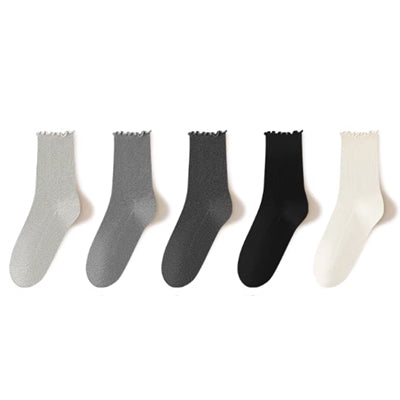 Women's Crew Socks Long Staple Cotton 5 Pairs Ruffled Solid Color