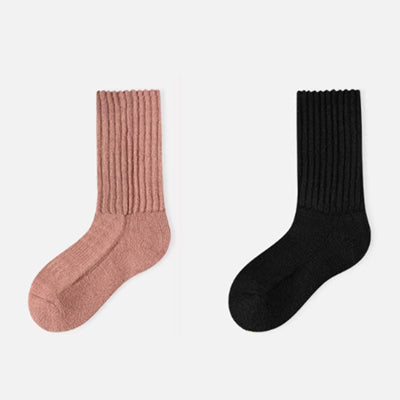 Women's Crew Socks 60%Wool 2 Pairs Terry Thickened Solid Color