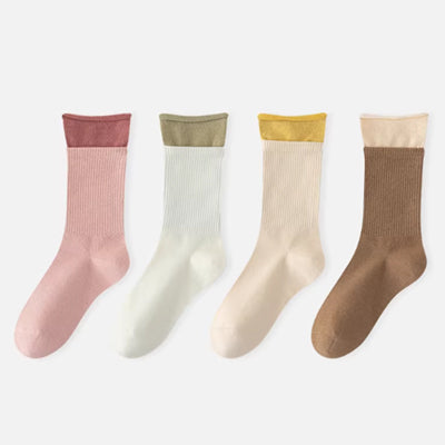 Women's Crew Socks Long Staple Cotton 4 Pairs Double-Layer Cuff