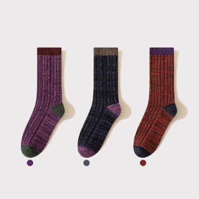 Women's Crew Socks Long Staple Cotton 3 Pairs Chunky Yarn Patterned Texture