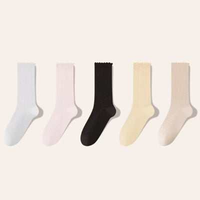 Women's Crew Socks Long Staple Cotton 5 Pairs Ruffled Mesh