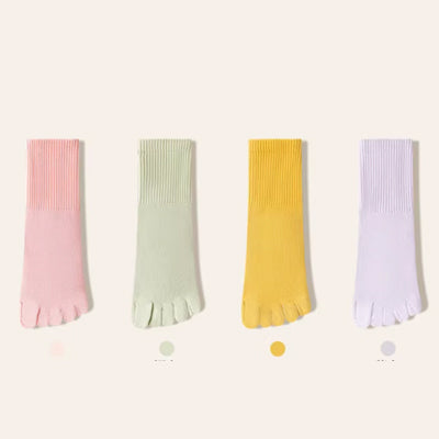 Women's Crew Socks Long Staple Cotton 4 Pairs Five-Toe Socks Solid Color