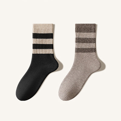 Men's Extra Thick Wool Crew Socks - Terry Lined Striped Thermal Winter Socks 2 Pack