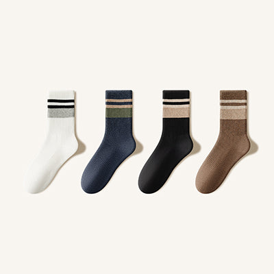 Men's Crew Socks Winter Thickened 4 Pairs Long Staple Cotton Striped Terry Lining
