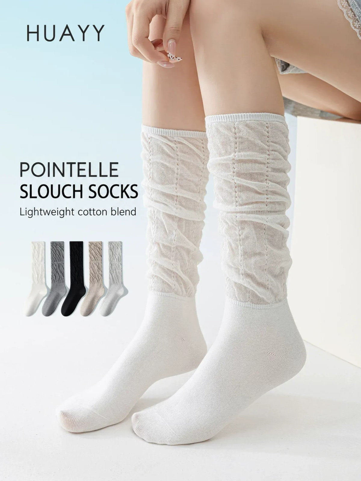 Women’s white pointelle slouch calf socks, full-length styling