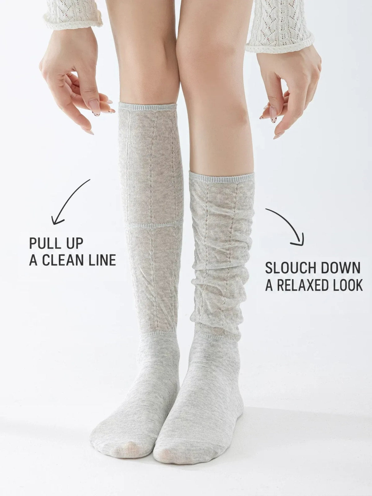 Pointelle calf socks worn straight or softly slouched