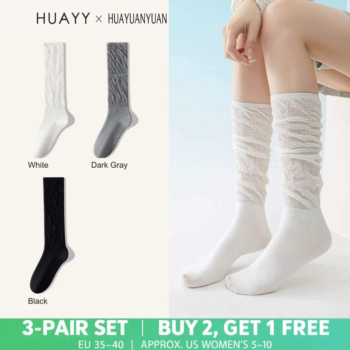 SKU Portrait 6093737564235 — White, Dark Gray, Black; 3 pairs; EU 35–40, approximate US Women 5–10