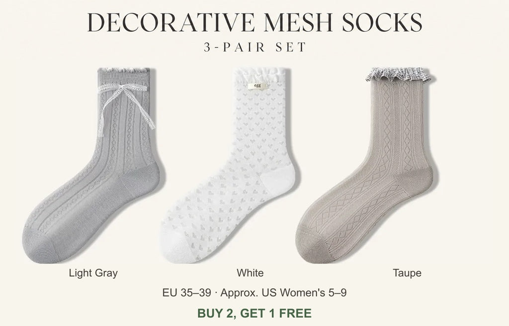 Light Gray + White + Taupe, three-pair decorative mesh sock set, EU 35–39 approx. US Women's 5–9