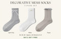 Light Gray + White + Taupe, three-pair decorative mesh sock set, EU 35–39 approx. US Women's 5–9