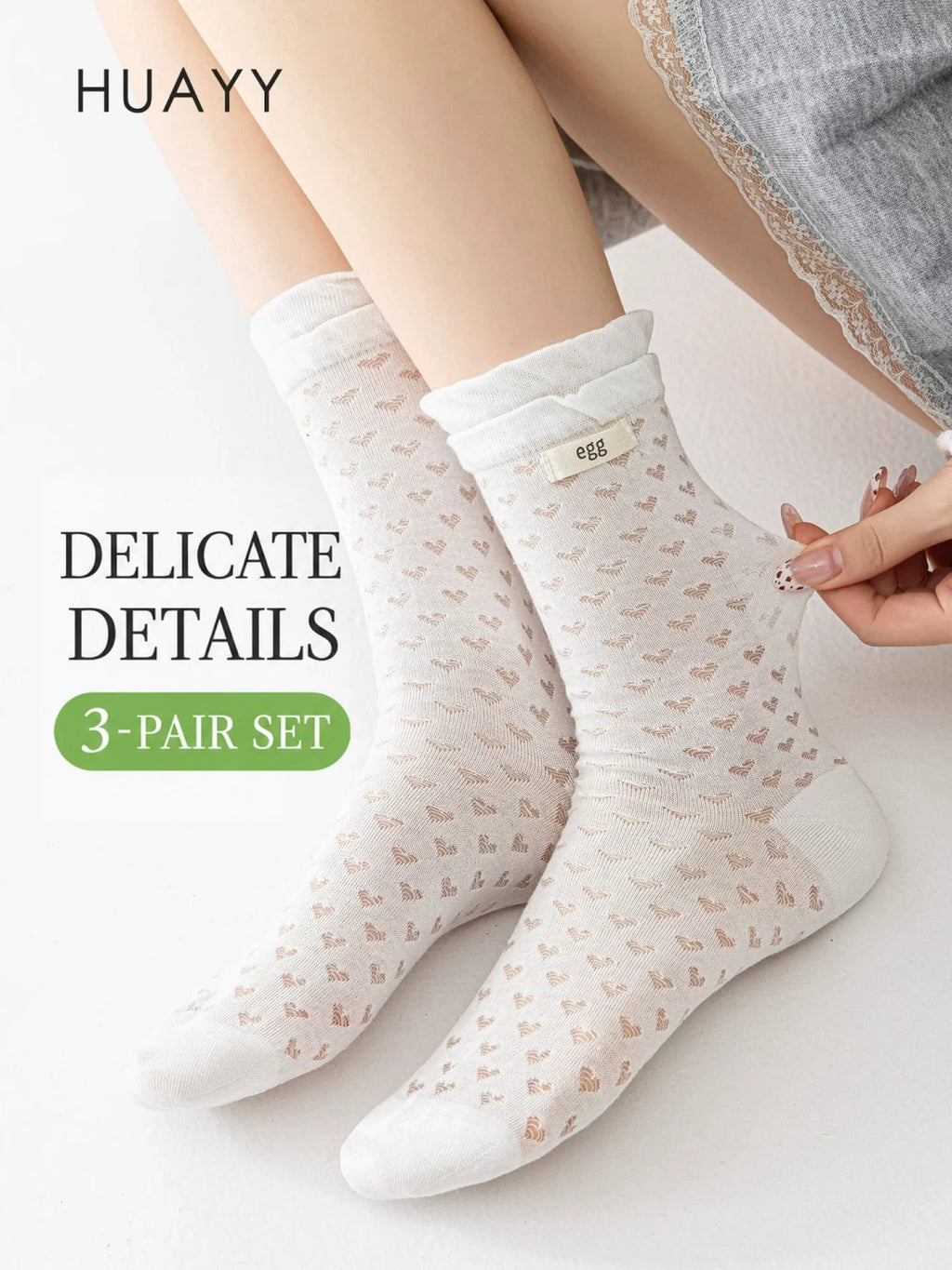 White heart-knit decorative crew socks, three-pair set