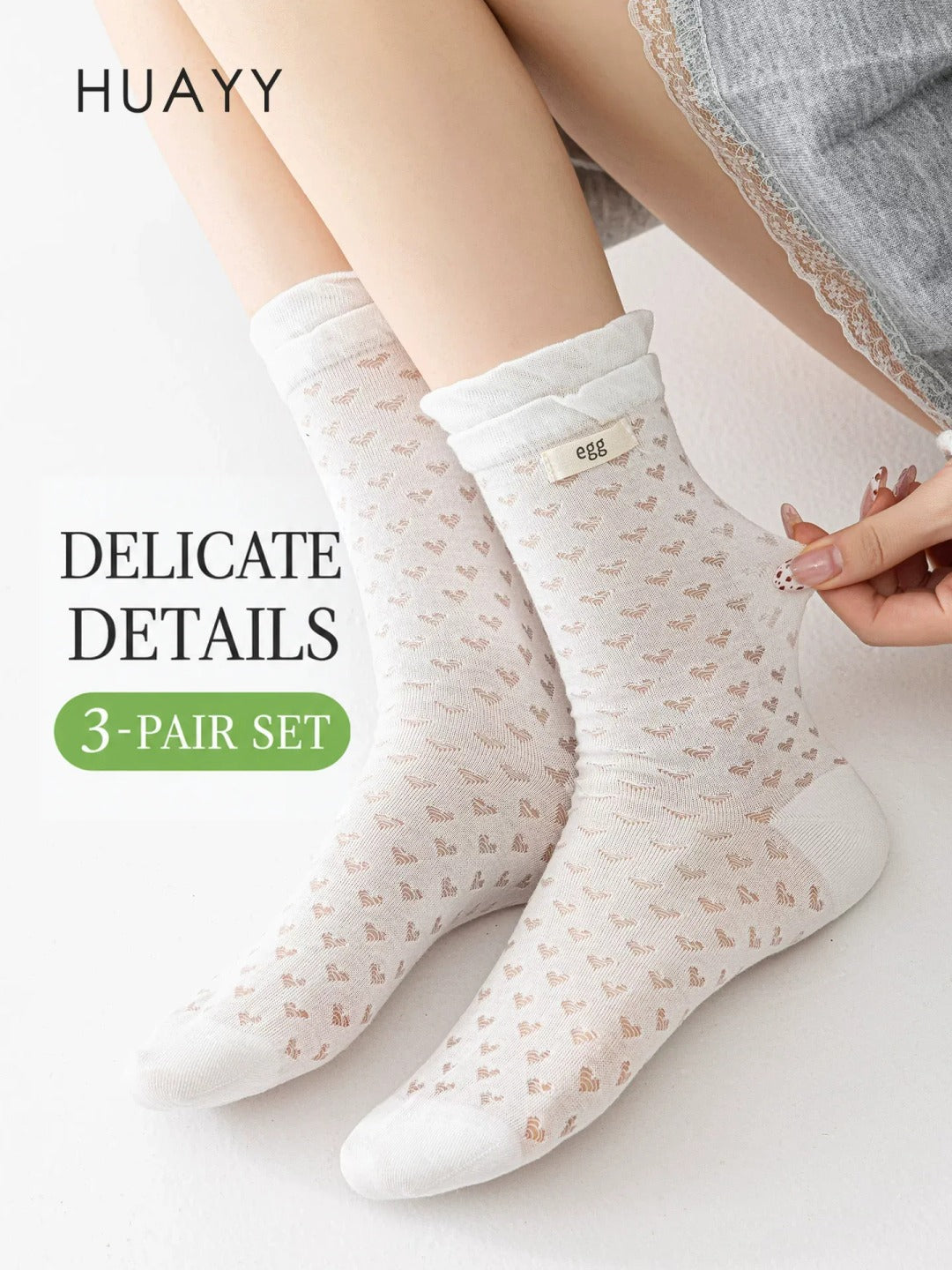 White heart-knit decorative crew socks, three-pair set