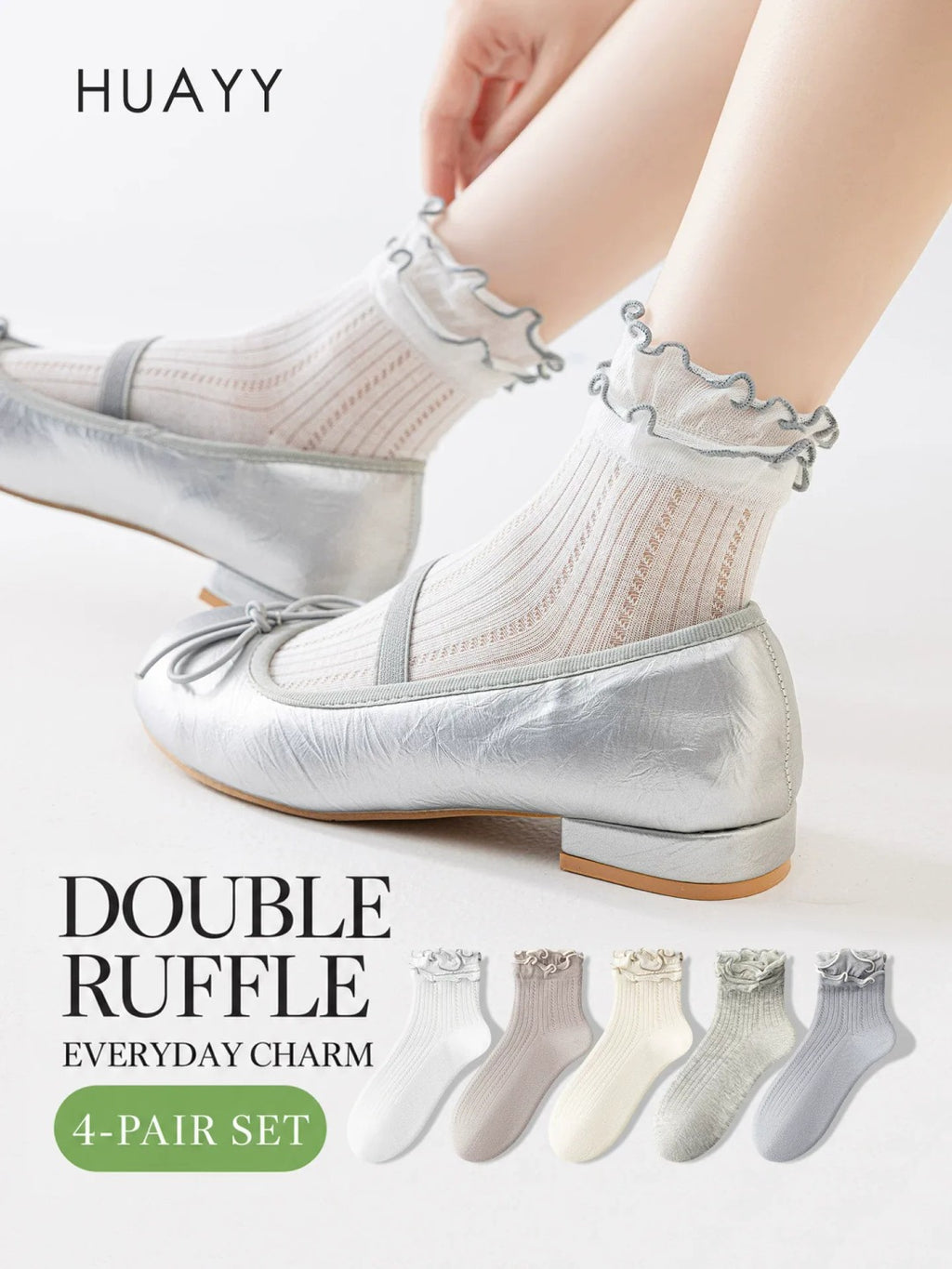 Women's double-ruffle mesh ankle socks styled with silver flats