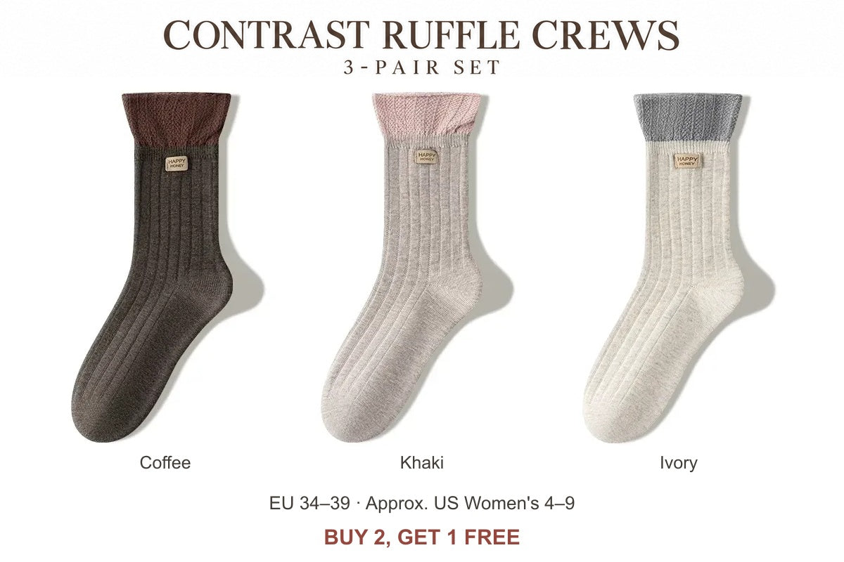 Women's contrast ruffle socks: Coffee + Khaki + Ivory, three-pair set