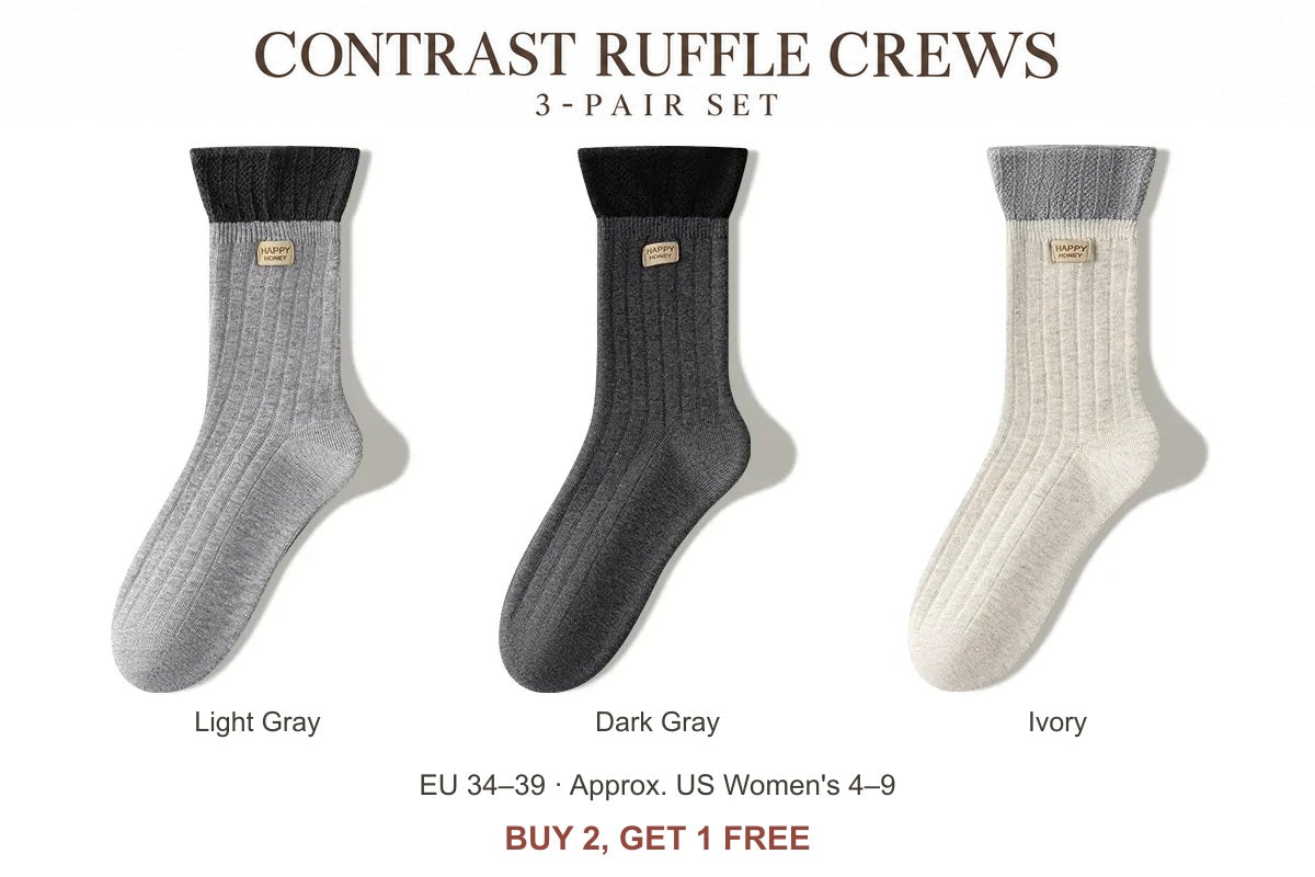 Women's contrast ruffle socks: Light Gray + Dark Gray + Ivory, three-pair set