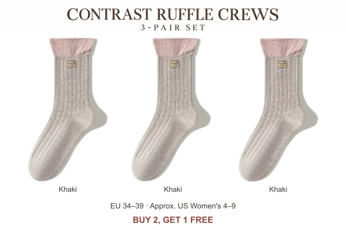 Women's contrast ruffle socks: Khaki — 3 Pairs, three-pair set