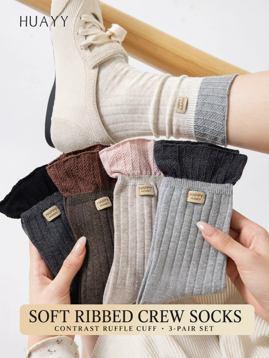 Women's contrast ruffle cotton-rich crew socks, three-pair set