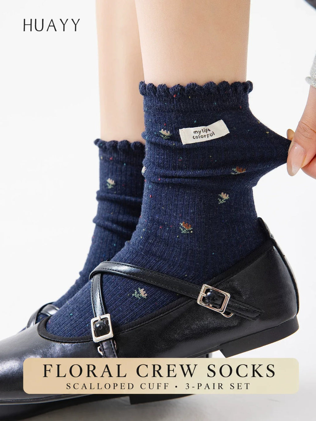 Floral scalloped crew socks — g1