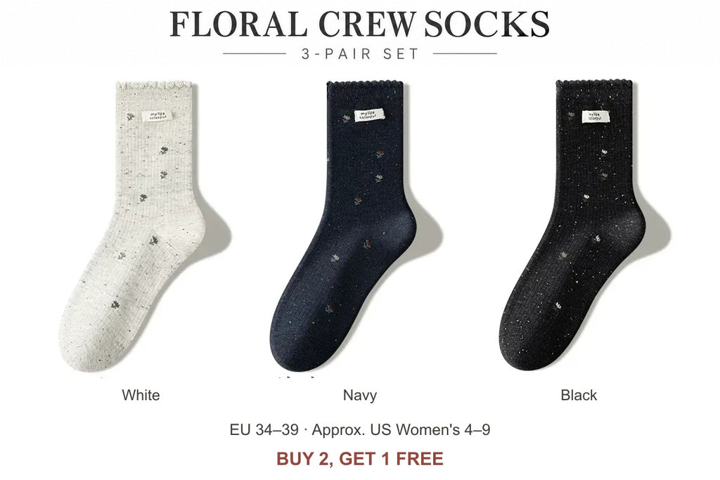 Women's floral cotton-blend scalloped crew socks — White, Navy, Black