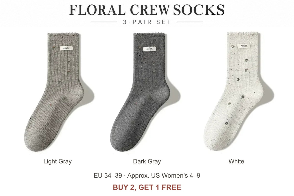 Women's floral cotton-blend scalloped crew socks — Light Gray, Dark Gray, White