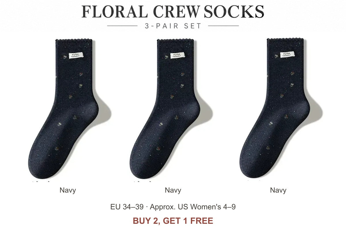 Women's floral cotton-blend scalloped crew socks — Navy, Navy, Navy