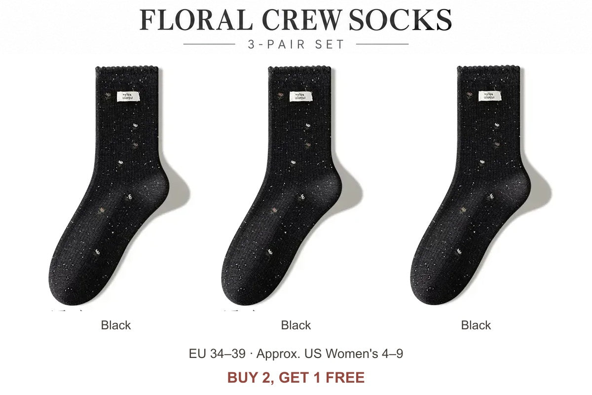 Women's floral cotton-blend scalloped crew socks — Black, Black, Black