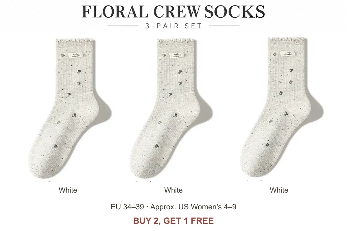 Women's floral cotton-blend scalloped crew socks — White, White, White