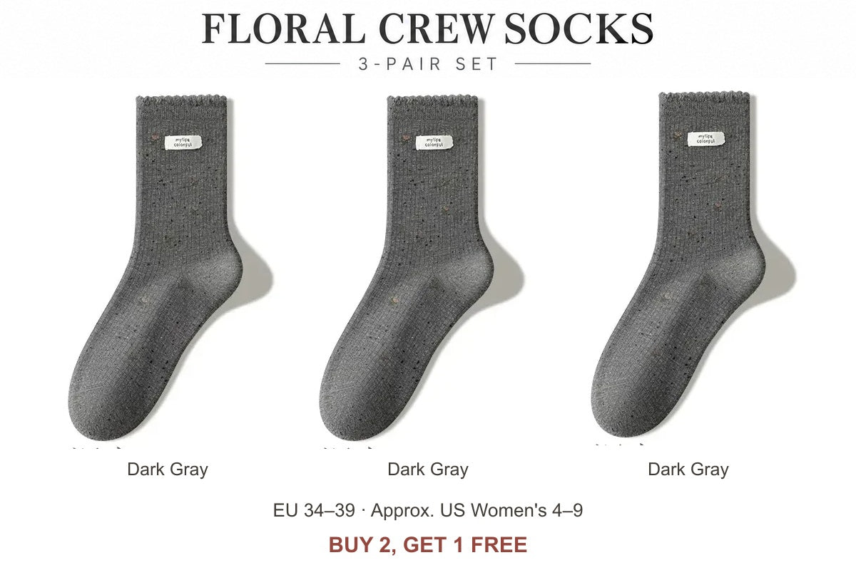 Women's floral cotton-blend scalloped crew socks — Dark Gray, Dark Gray, Dark Gray