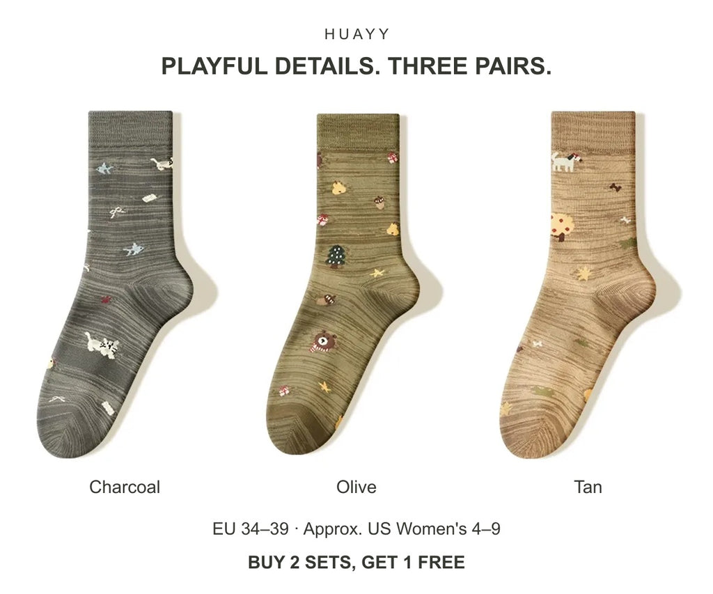 Women's illustrated cotton-blend crew socks — Charcoal + Olive + Tan