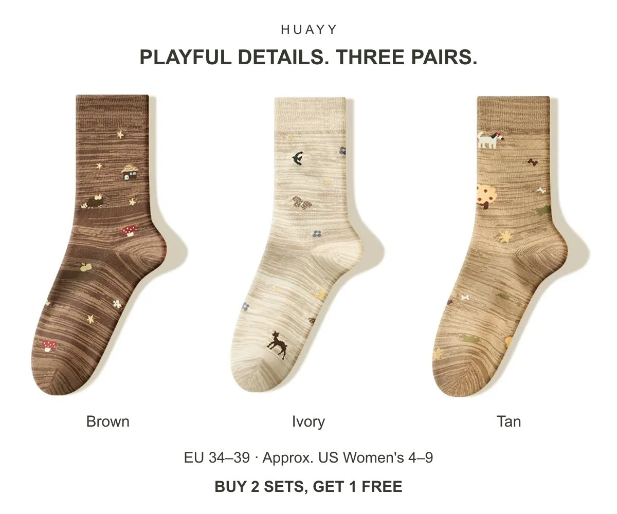 Women's illustrated cotton-blend crew socks — Brown + Ivory + Tan