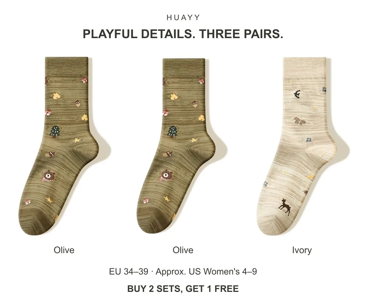 Women's illustrated cotton-blend crew socks — Olive + Olive + Ivory