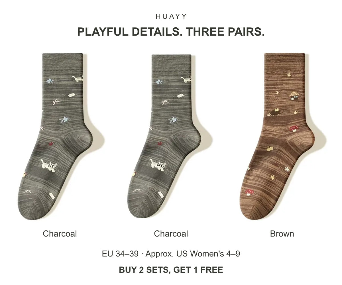 Women's illustrated cotton-blend crew socks — Charcoal + Charcoal + Brown