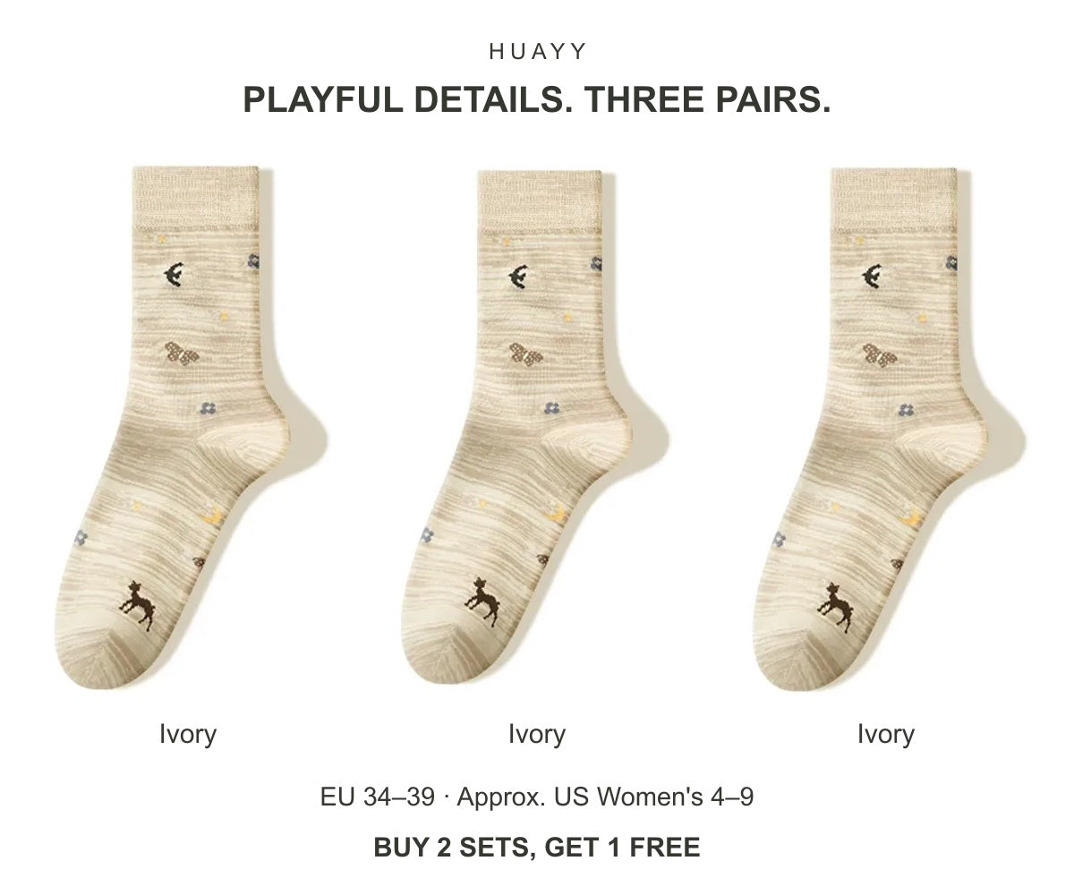 Women's illustrated cotton-blend crew socks — Ivory × 3 Pairs