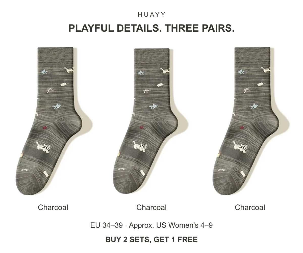 Women's illustrated cotton-blend crew socks — Charcoal × 3 Pairs