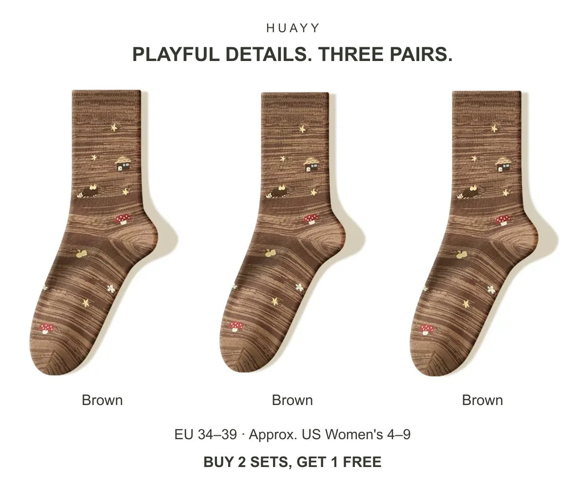 Women's illustrated cotton-blend crew socks — Brown × 3 Pairs