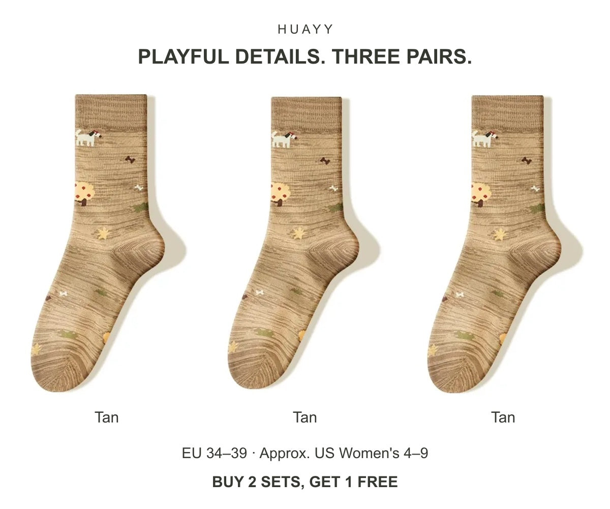 Women's illustrated cotton-blend crew socks — Tan × 3 Pairs
