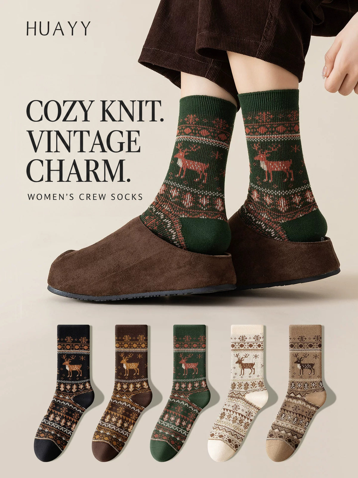 Women's reindeer cotton crew socks — Green reindeer crew socks styled with slippers