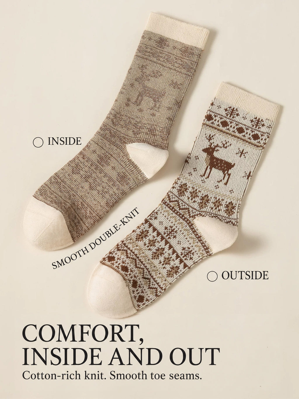 Women's reindeer cotton crew socks — Inside and outside double-knit cotton socks