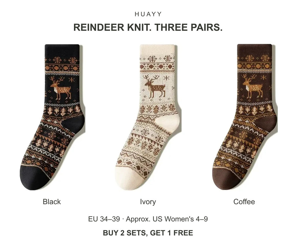 Women's reindeer cotton crew socks — Black + Ivory + Coffee