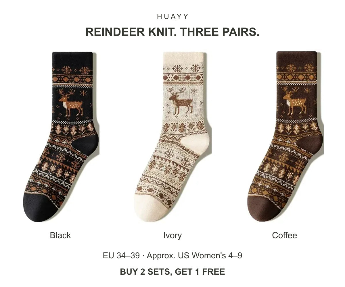 Women's reindeer cotton crew socks — Black + Ivory + Coffee
