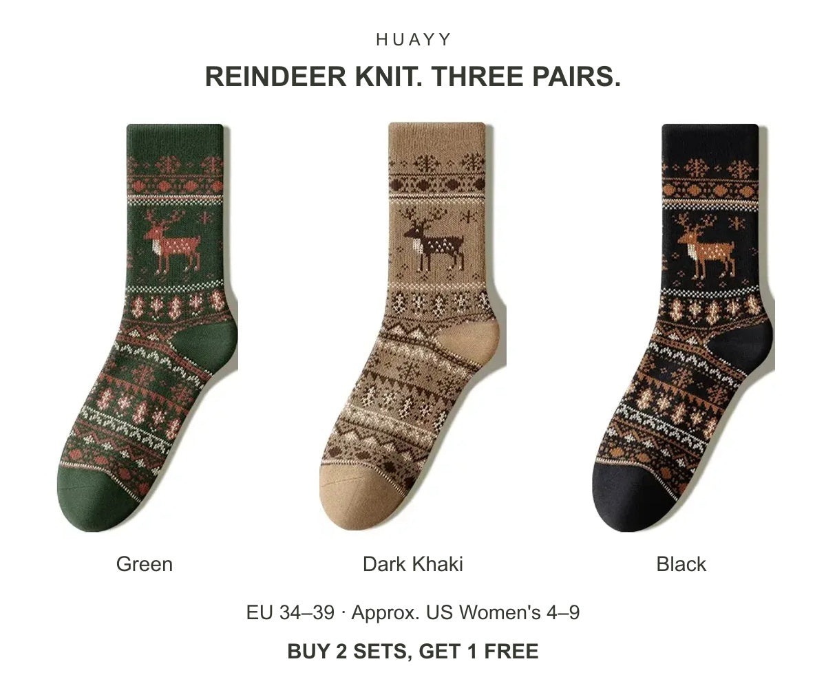 Women's reindeer cotton crew socks — Green + Dark Khaki + Black