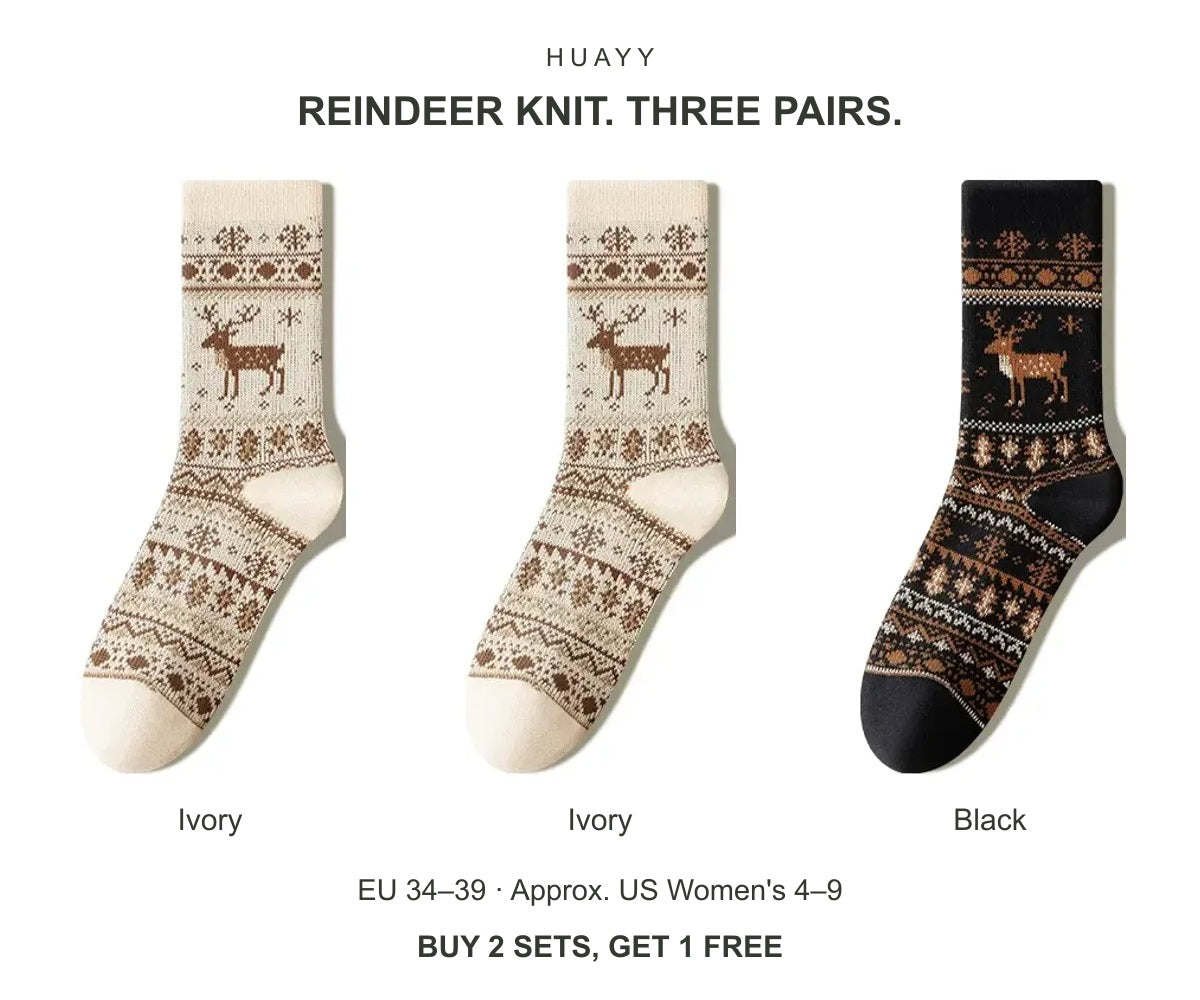 Women's reindeer cotton crew socks — Ivory + Ivory + Black