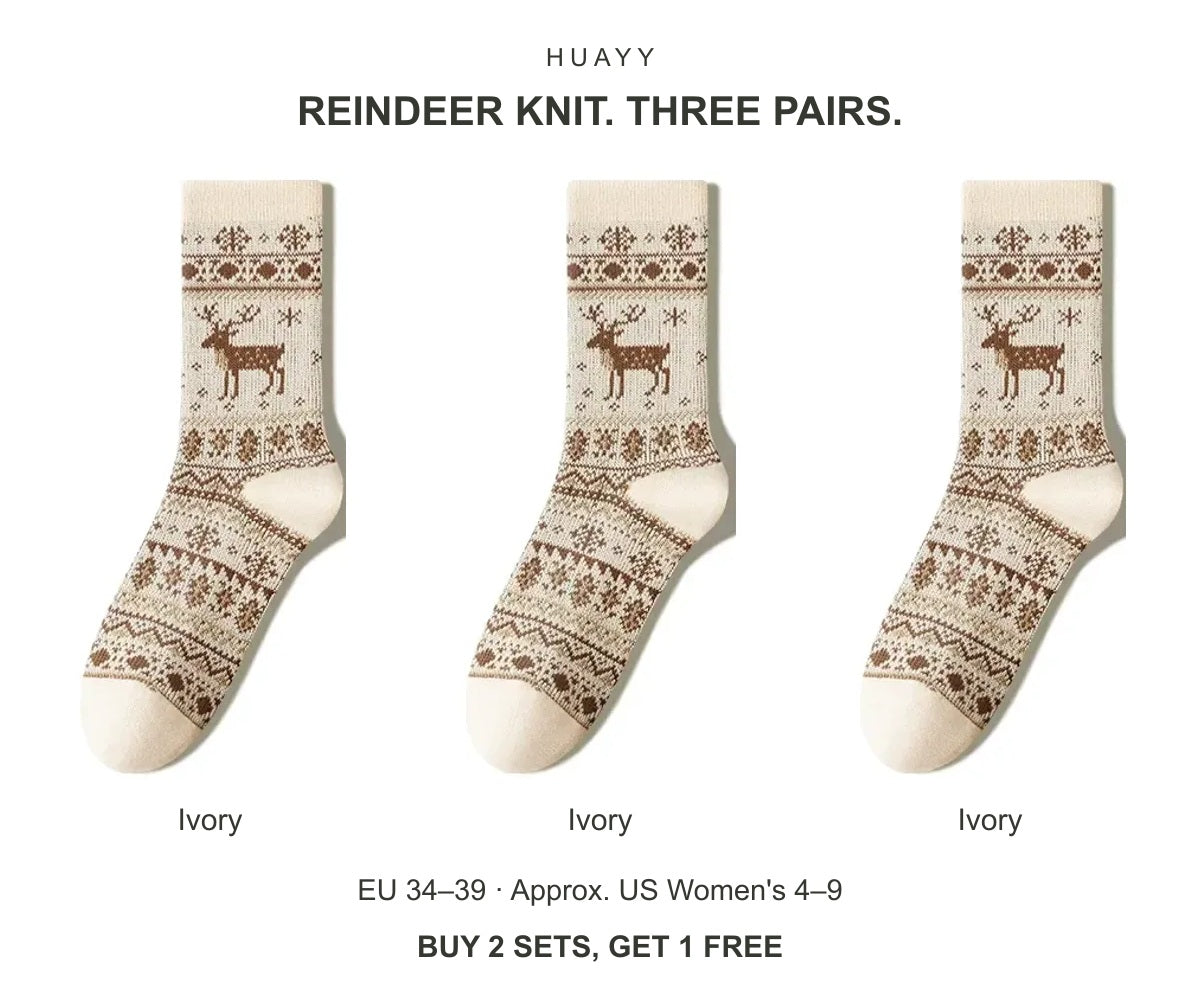 Women's reindeer cotton crew socks — Ivory × 3 Pairs