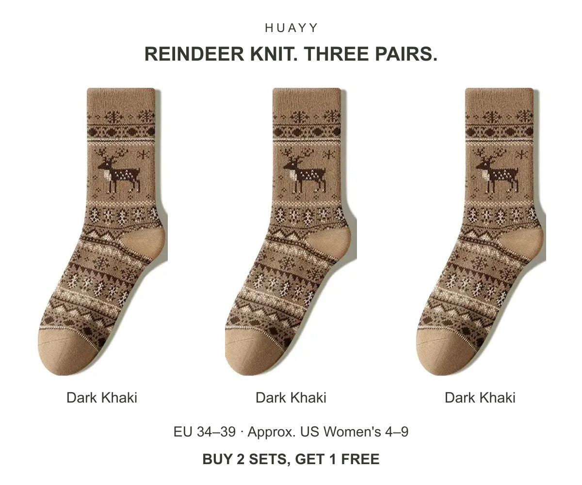 Women's reindeer cotton crew socks — Dark Khaki × 3 Pairs