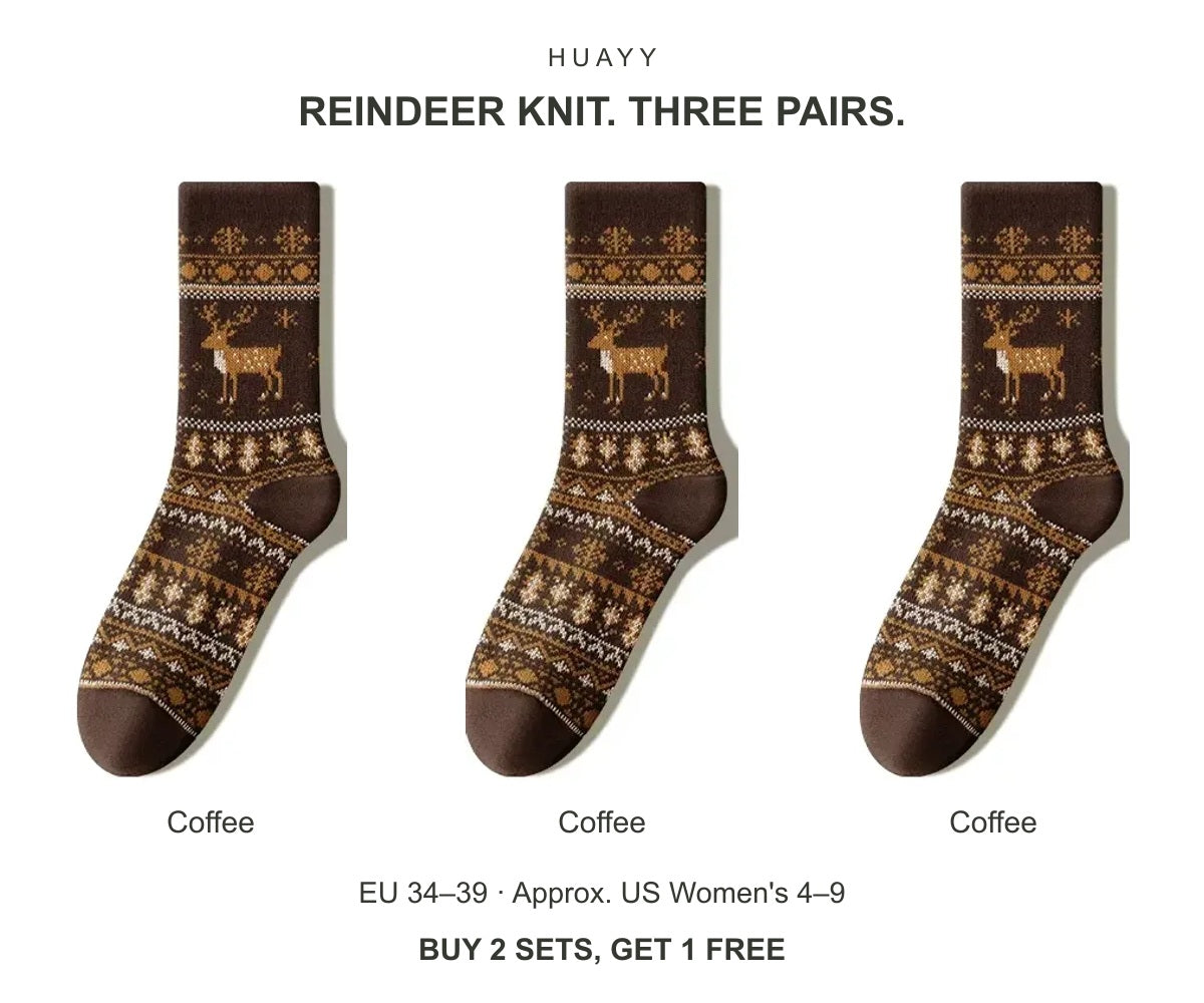 Women's reindeer cotton crew socks — Coffee × 3 Pairs